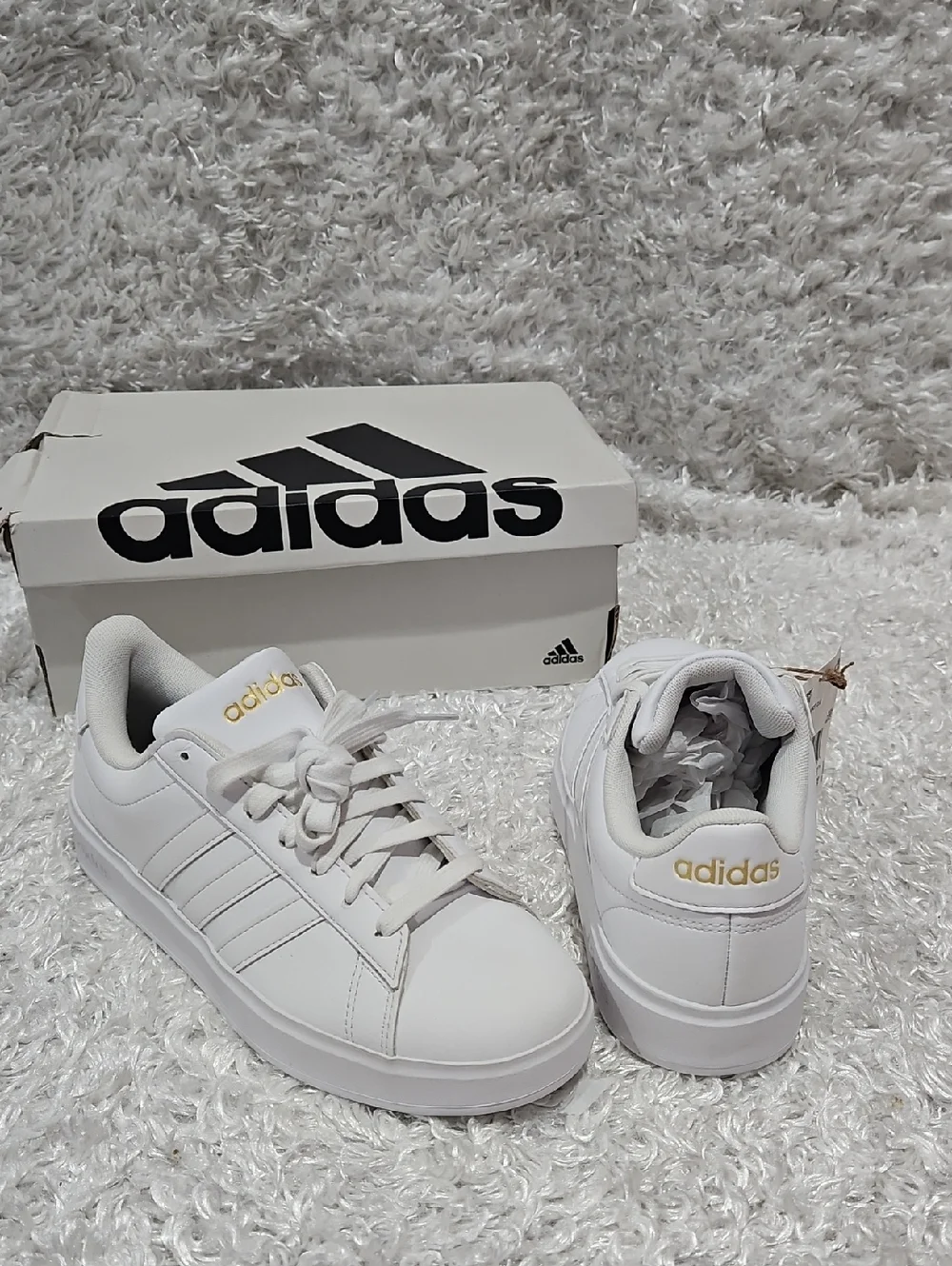 Adidas White Leather Grand Court Sleek White Sneakers - Picture 1 of 10